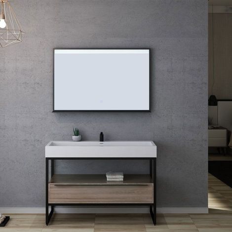 Distribain – Meuble sous vasque simple 1200mm – MDF scandinave mat – Vasque en Solid Surface blanc – Miroir LED 1160 x 750mm – Système Soft Closing (1/5)