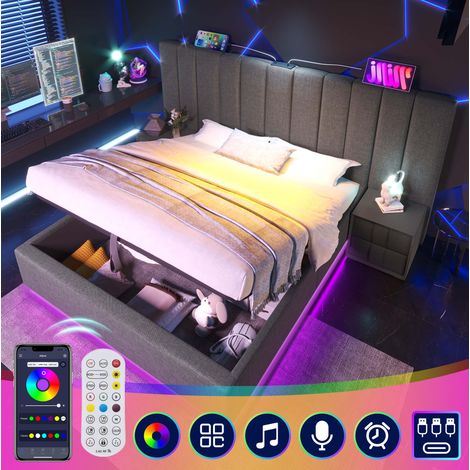 Lit coffre 160x200 LED USB-C, lin gris HAVRYA (1/5)