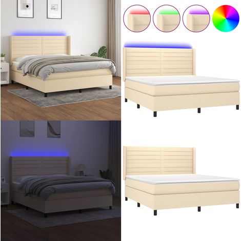 Sommier à lattes de lit matelas et LED Crème 160x200 cm Tissu - Sommier Tapissier - Lit Plateforme - Lit Avec Led - Matelas À Ressorts Ensachés - Têtière Ajustable - Home & Living (1/5)