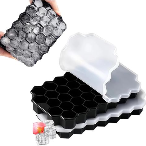 Juego de 2 bandejas de silicona para cubitos de hielo con 37 compartimentos y tapas, a prueba de fugas, para whisky, cócteles, purés de frutas, color negro. (1/5)