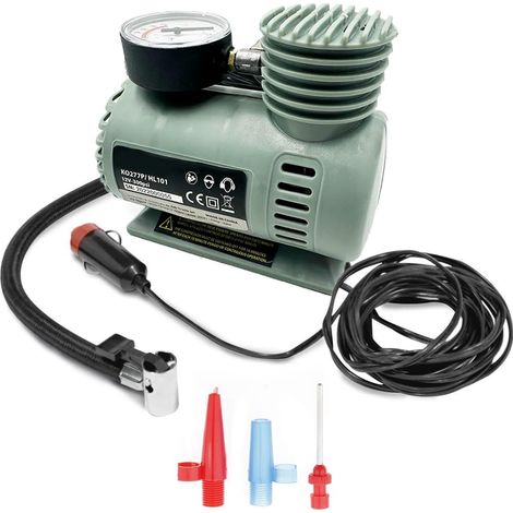 Mini compressore portatile elettrico per auto e camper - Misura 13x7x11,5 cm - Mini pompa d'aria con manometro e 3 adattatori per valvole per pneumati (1/5)