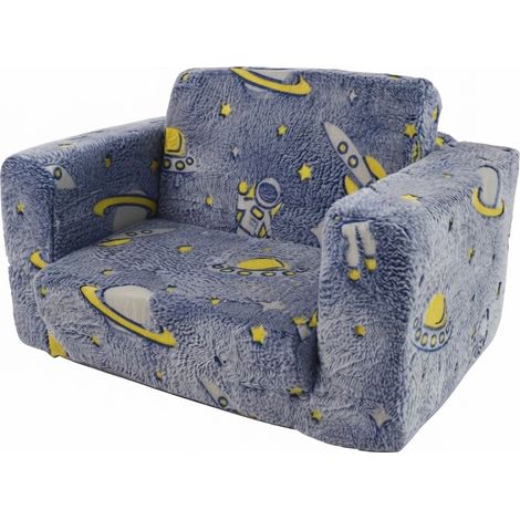 ELVMI Poltrona Convertibile per Bambini Divano Pieghevole Luminoso con Motivi Astronauta e Razzo in Tessuto e Metallo Blu Verde Bianco (1/5)