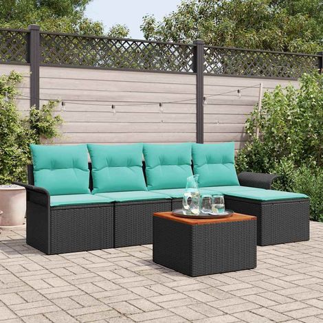 vidaXL Ensemble de canapé de jardin 6 pcs Noir et turquoise polyrotin (1/5)