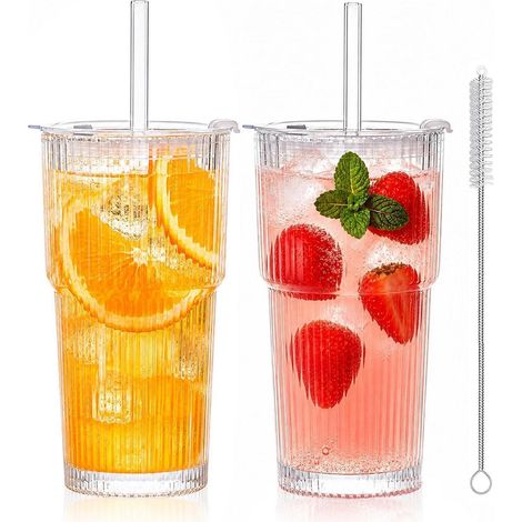 4er Set Gerippte Glasbecher 600ml mit Deckel & Strohhalm für Kaffee, Smoothies