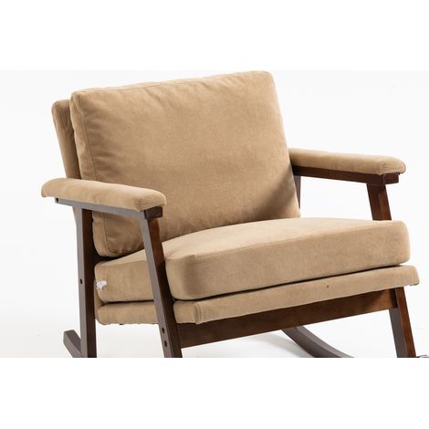 Sillón mecedora estilo mid-century en terciopelo marrón claro con estructura de madera (1/5)