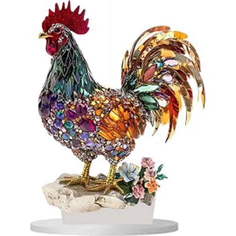Ornement Coq - Décoration Acrylique Plate 15 x 20 cm - Décor Bureau Salon Étagère - Pour Amateurs d'Animaux - 1 Pièce (1/5)