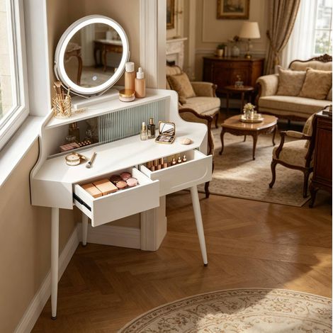 Toeletta angolare con specchio rotondo orientabile a 360°, 2 cassetti, vano contenitore, in MDF bianco, 99x139x63 cm (1/4)