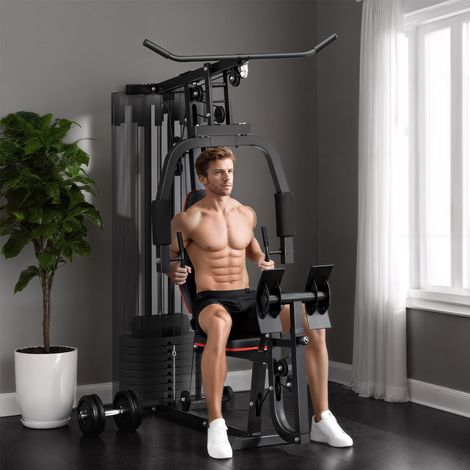 Station de fitness à domicile avec blocs de poids de 45 kg, poulie à câble, station de musculation pour les pectoraux et presse à jambes pour un entraînement polyvalent (1/5)