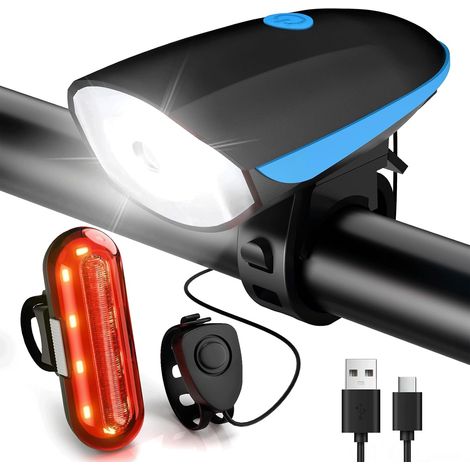 Éclairage vélo LED, rechargeable par USB, étanche, feux avant et arrière, adapté au cyclisme (avec avertisseur sonore) (1/5)