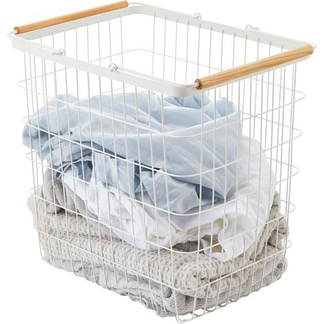 Cesto per biancheria in metallo bianco con manici in legno H38.5cm (1/5)