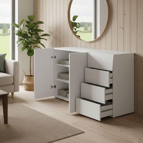 Buffet moderne, Buffet design avec 2 portes et 4 tiroirs, Meuble TV, Buffet de salon, 124x40h82 cm, couleur blanc brillant (1/5)