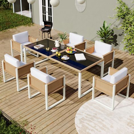 Comanlai - Salon de Jardin 6 Places en Résine Tressée - Ensemble Table et Fauteuils Coussins Déhoussables - Blanc (1/5)