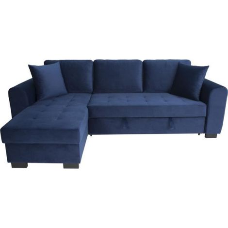 Canapé d'angle convertible HAMILTON 4 places - Tissu velours bleu - L 245 x P 140 x H 86 - Coffre de rangement (1/5)