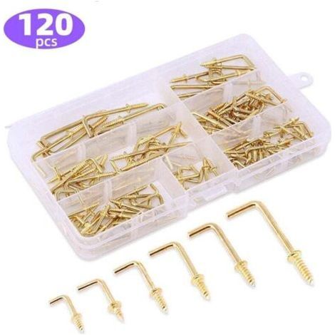 120 pcs 6 Sizes Metal Screw Hook Gold Plated Brass Square Bend Hooks Kit, Gold Square Bend Hooks Sheet Metal Screw Hooks for Home/Workplace/Office (1/4)