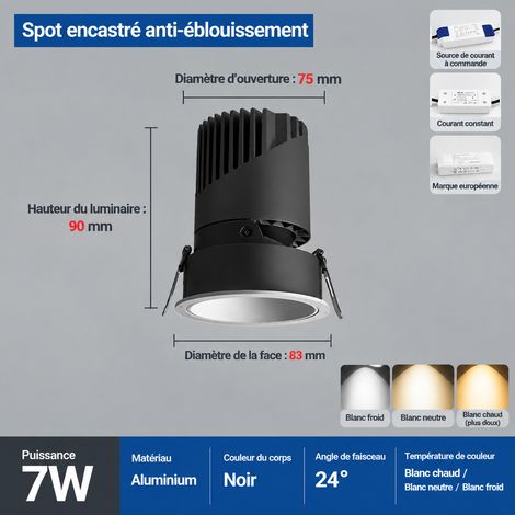 Spot encastrable COB 7W orientable 30° réflecteur blanc lumière blanche perçage 75 mm 7w 83 75mm réf 141 g – Livraison gratuite