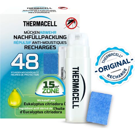 THERMACELL Recharge Répulsive Anti Moustiques & Moustiques Tigres - Protection Efficace 15m²- Compatible avec Diffuseurs, Nomades et Lanternes - Durée 48h - 4 Cartouche Gaz + 12 plaquettes