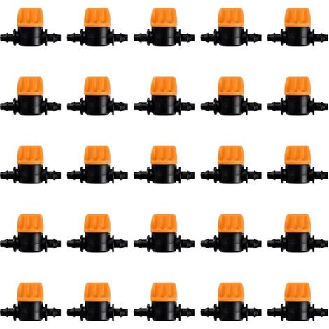 25 Pièces 4/7 Vanne D'irrigation, Mini Valves de Contrôle pour Tuyau d'arrosage 4/7mm, Valves d'arrêt Cannelées 1/4 Pouce Tuyau d'irrigation Goutte à Goutte, Mini Tuyau Vanne d'eau Travers