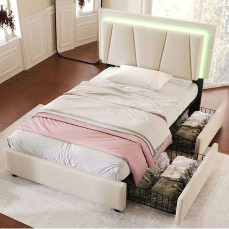 Lit avec rangement en tissu beige 90x200 cm, LED, tête de lit réglable, 2 tiroirs, sommier à lattes inclus (1/5)