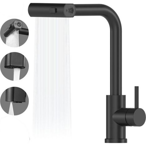 Robinet de cuisine cascade noir , mitigeur de cuisine avec douchette extractible , 3 modes de réglage , robinet d'évier de cuisine pivotant à 360° , acier inoxydable , finition noir mat (1/5)