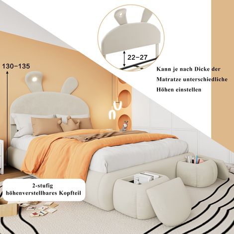 Lit capitonné double 140x200 cm, hydraulique, oreilles de lapin, LED chaud réglable, rangement sous lit, 2 poufs, velours, beige, sans matelas, gain de place (1/5)