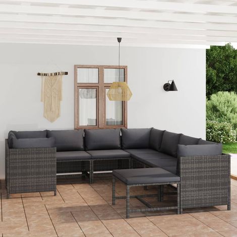 9 pcs Salon de jardin, Ensemble table et chaises de jardin, Meuble de jardin avec coussins Résine tressée Gris MKW931974 (1/5)