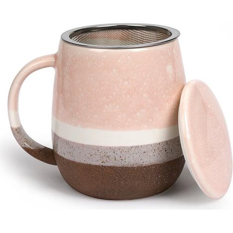 Taza de té grande de cerámica con tapa y colador, 400 ml, ideal para preparar té e infusiones. (1/5)