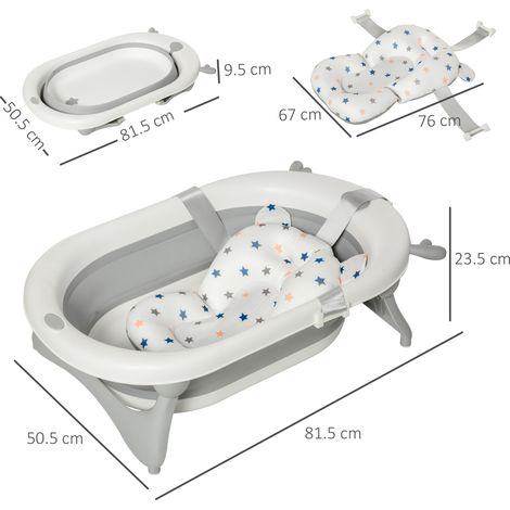 Baignoire bébé pliable (pour les bébés de 0 à 3 ans, avec thermomètre et oreiller), 81,5 x 50,5 x 23,5 cm, blanche (1/5)
