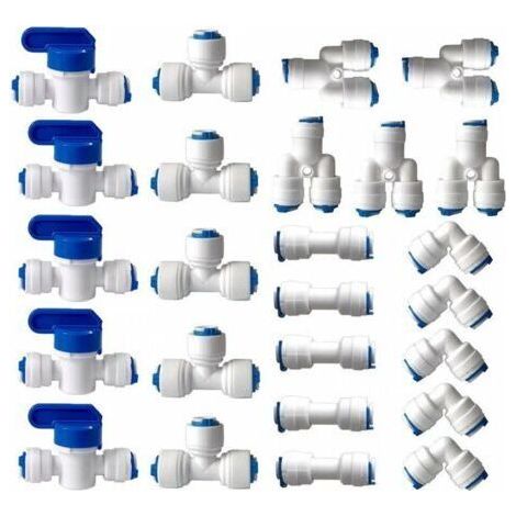 Umkehrosmose-Wasserfilteranschluss, 1/4" (6 mm) Steckanschluss für Wasserfilterschläuche, Kühlschrankanschlüsse (Y + T + I + L Kombinationsventil + Absperrventil) 25 Stück