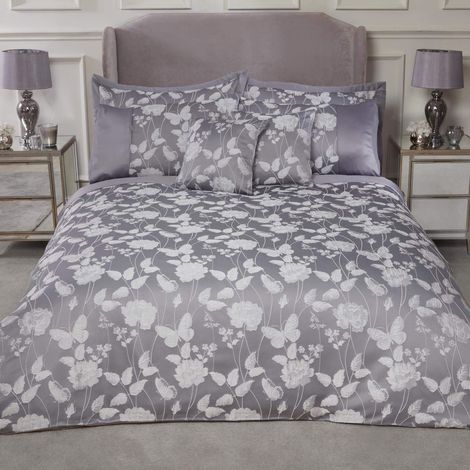 Emma Barclay Set di Biancheria da Letto con Copripiumino in Jacquard di Lusso, Motivo: Prato di Farfalle, Poliestere, Argento, Super King (1/3)