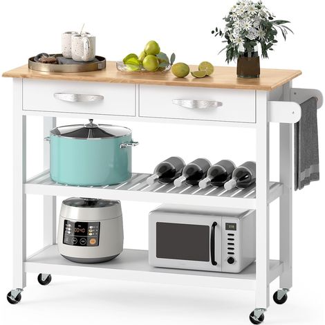 GOPLUS Desserte à roulettes en Bois de Pin & Hévéa 116x44x89CM, Desserte Cuisine avec Plateau, 2 Tiroirs, 2 Étagères Ouvertes, Porte-Serviettes, Chariot de Rangement à roulettes, Charge 106KG, Blanc (1/5)