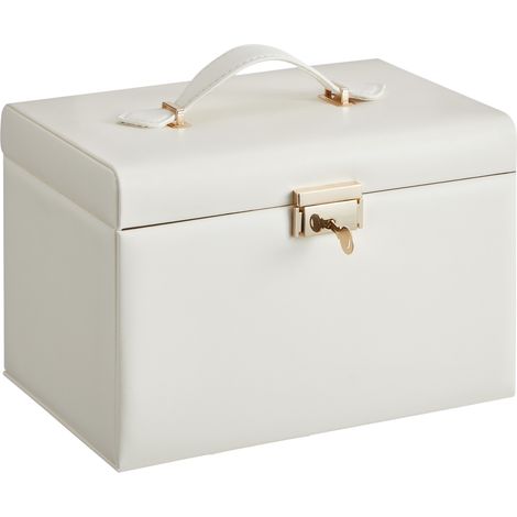 Boîte à Bijoux à 3 Niveaux, Coffret de Rangement avec 2 Tiroirs, Mini Boîte de Voyage, Serrure, Cadeau, Blanc (1/5)