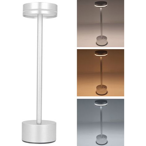 Lampe de bureau LED sans fil rechargeable à commande tactile, avec 3 températures de couleur, portable pour le salon, le bureau, la chambre, le dortoir, la salle à manger et le camping. Couleur argent (1/5)