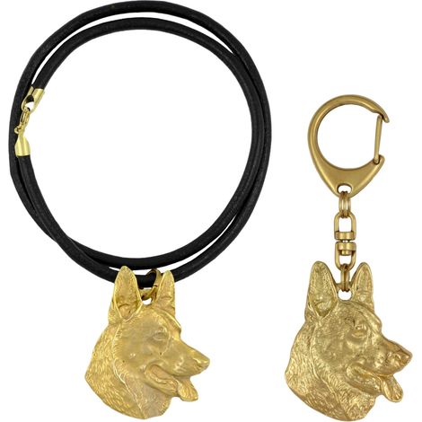 Llavero y collar con diseño de perro Pastor Alemán, Alsaciano, en caja, producto chapado en oro de alta calidad, marca Art-Dog. (1/5)