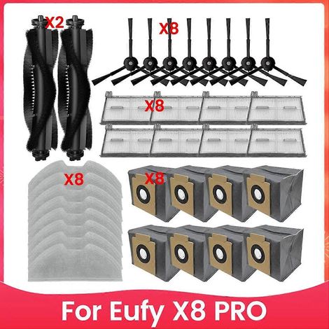 Accessoires pour aspirateur robot Eufy X8 Pro - Pièces de rechange : brosse principale, brosse latérale, filtre, chiffon de nettoyage. (1/5)