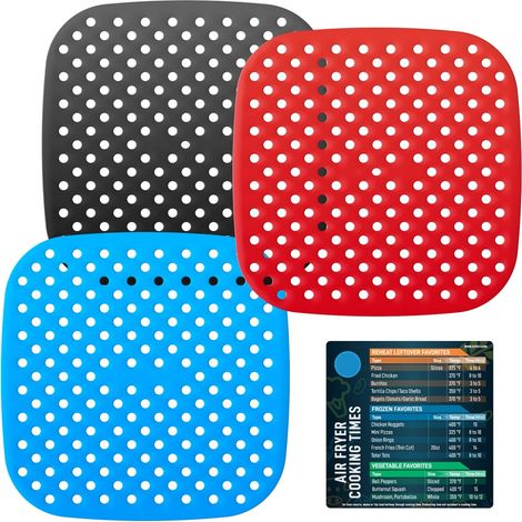 Lot de 3 tapis silicone réutilisables pour friteuse à air, antiadhésifs, avec aide-mémoire magnétique, accessoires de cuisson. (1/5)
