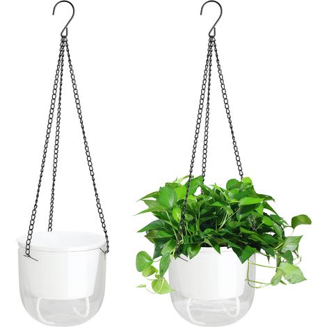 Pot de Suspension Auto-Irrigant - 2 Pots avec Système de Niveau d'eau Visible et Design Double-Layer pour Plantes, Cactus et Succulentes en Plastique Blanc/Vert/Gris/Multicolore. (1/5)