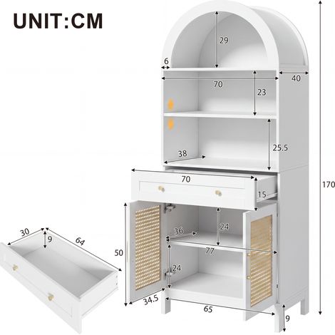 Vitrina y mueble de almacenamiento moderno y curvo, 170 cm de alto, puertas de ratán, 3 compartimentos de exposición + 2 puertas + 1 cajón, para salón y recibidor, blanco + aspecto madera, dimensiones (1/5)