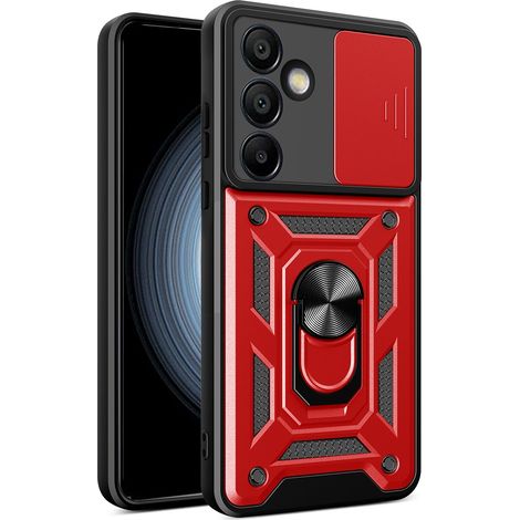 Custodia Hybrid Armor Camshield con copri fotocamera e anello in metallo per Samsung Galaxy S25+ - rossa