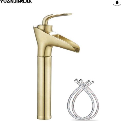 Robinet de salle de bain, capuchon style cascade en or brossé, robinet de lavabo en laiton massif, mitigeur de lavabo de style rétro, eau chaude et froide réglable, noyau de valve en céramique KLB. (1/5)