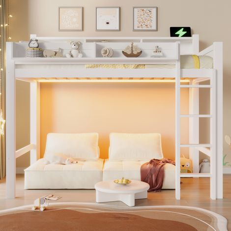 Lit mezzanine 90x200 cm blanc avec étagères, éclairage LED et port USB, structure en bois