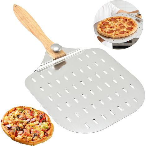 1 Pelle à pizza, Aluminium anodisé, Surface perforée, Poignée bois amovible, Four et barbecue