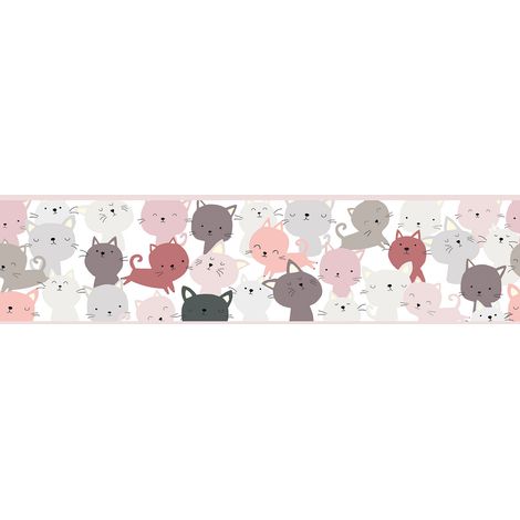 Frise pour papier peint rose | Frise pour papier peint avec des petits chats | Frise pour papier peint idéale pour une chambre de petite fille - 5,00 x 0,155 m (1/5)