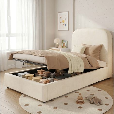 Bett gepolstert modern beige 90x190 cm mit Samt-Kopfteil, Lattenrost und hydraulischem Stauraum (1/5)