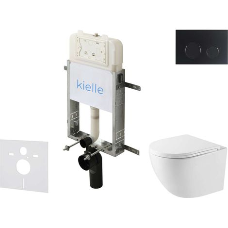 kielle Genesis New - Conjunto de instalación empotrada, inodoro compacto Oudee, Vortex Rimless+, asiento softclose y pulsador Gemini New II, negro mate 30528SZ42