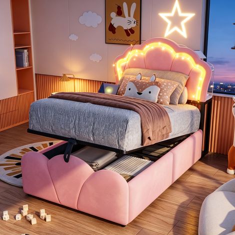 Lit coffre enfant 90x200 cm Lit rembourré avec rangement hydraulique, LED RGB, tête de lit avec rangement, prises, velours, rose (1/5)
