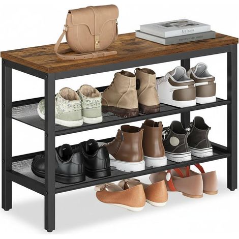Banc à chaussures sur 3 niveaux design industriel rangement pratique 28 x 75 x 50 cm en acier noir (1/2)