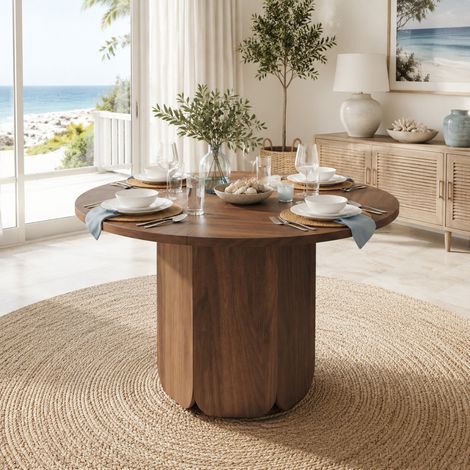 Mesa de comedor redonda 120 cm para 4 a 6 personas, MDF, color nogal OKMYHOME (1/5)