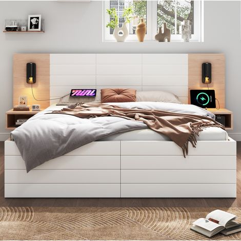 Lit en bois massif et MDF blanc + chêne clair 140x200 cm avec sommier, 2 tiroirs, tête de lit USB et liseuse (1/5)