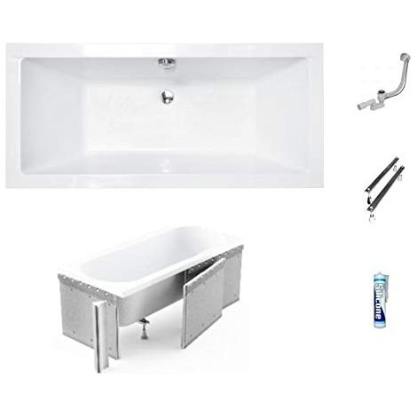ECOLAM Baignoire rectangle Quadro 180x80 cm + revêtement polystyrène 1.041 pour carrelage  pieds siphon et silicone  ensemble complet (1/5)