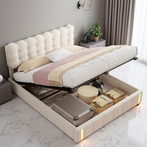 "Hydraulisches Erwachsenenbett 140x190 cm mit Stauraum, LED-Beleuchtung in warmen Tönen, beige Samt - modernes französisches Designbett mit Stauraum"